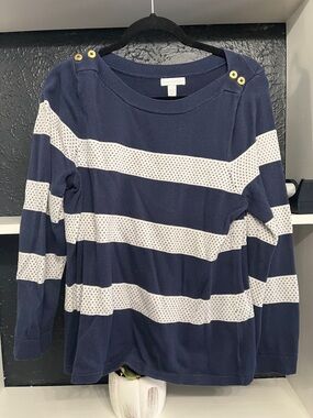 Charter Club Navy and White Striped Crewneck Sweater with Gold Buttons
